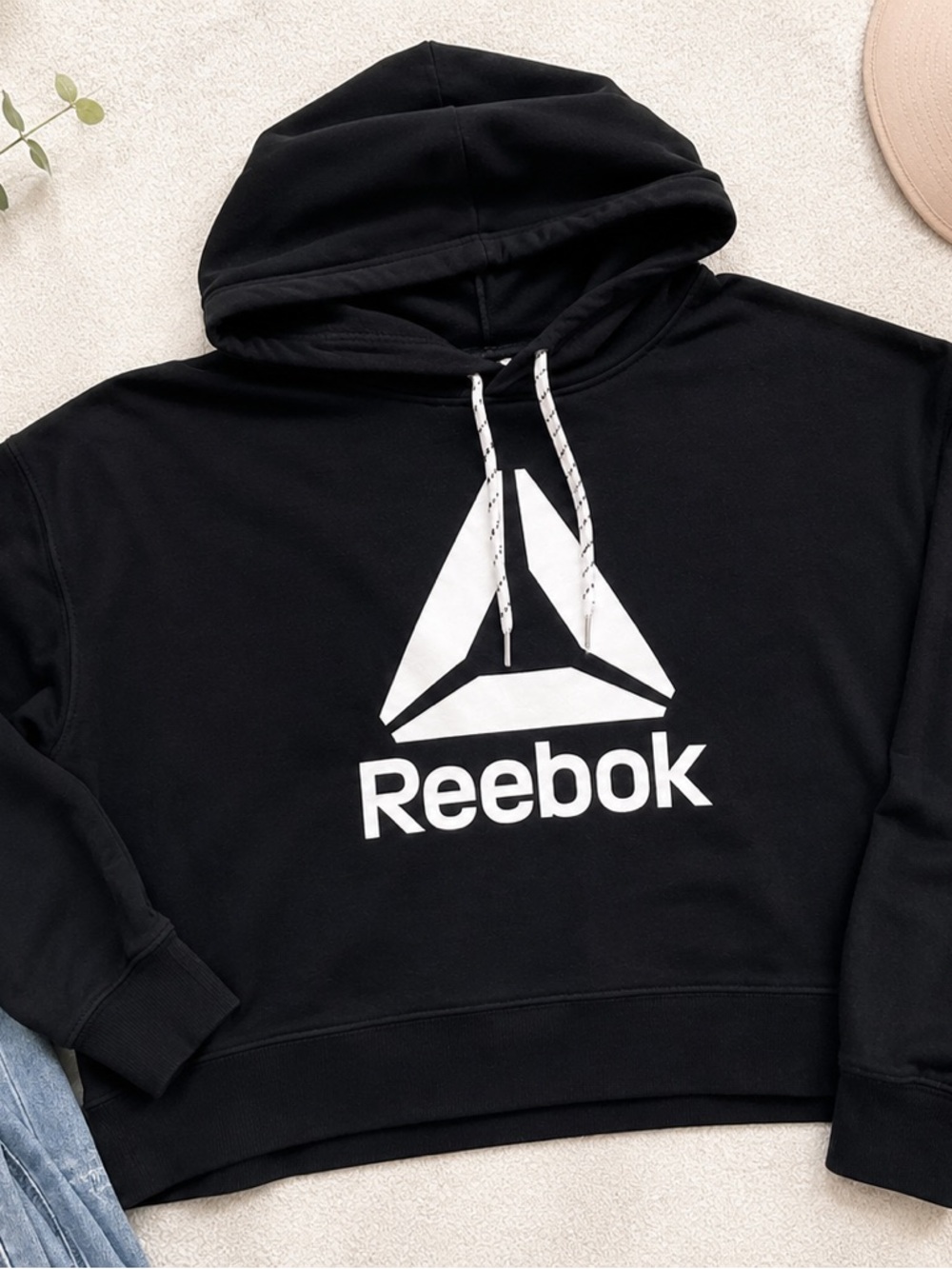 Reebok Black Logo Hoodie Slightly Cropped Size XXL